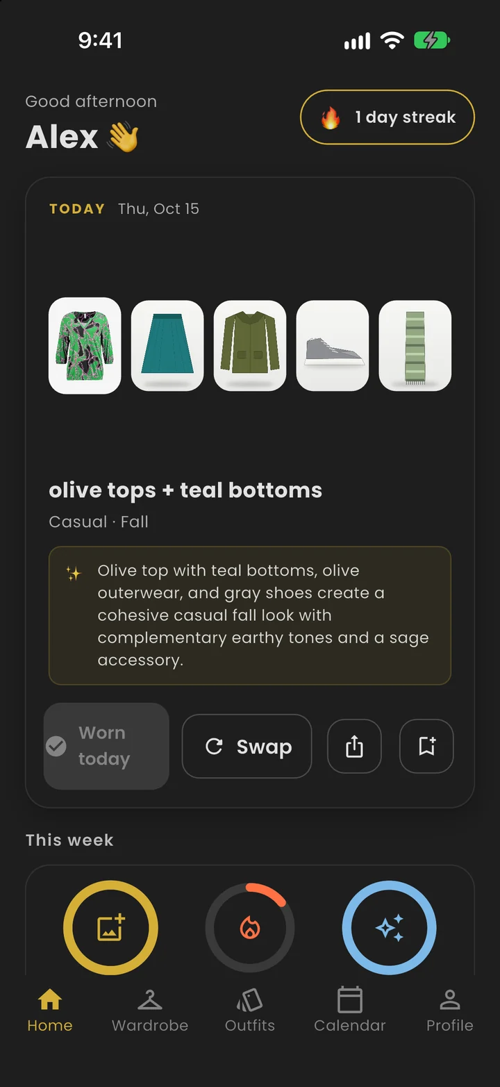 Home: today's outfit picked by Mira, with the Wearing it check-in