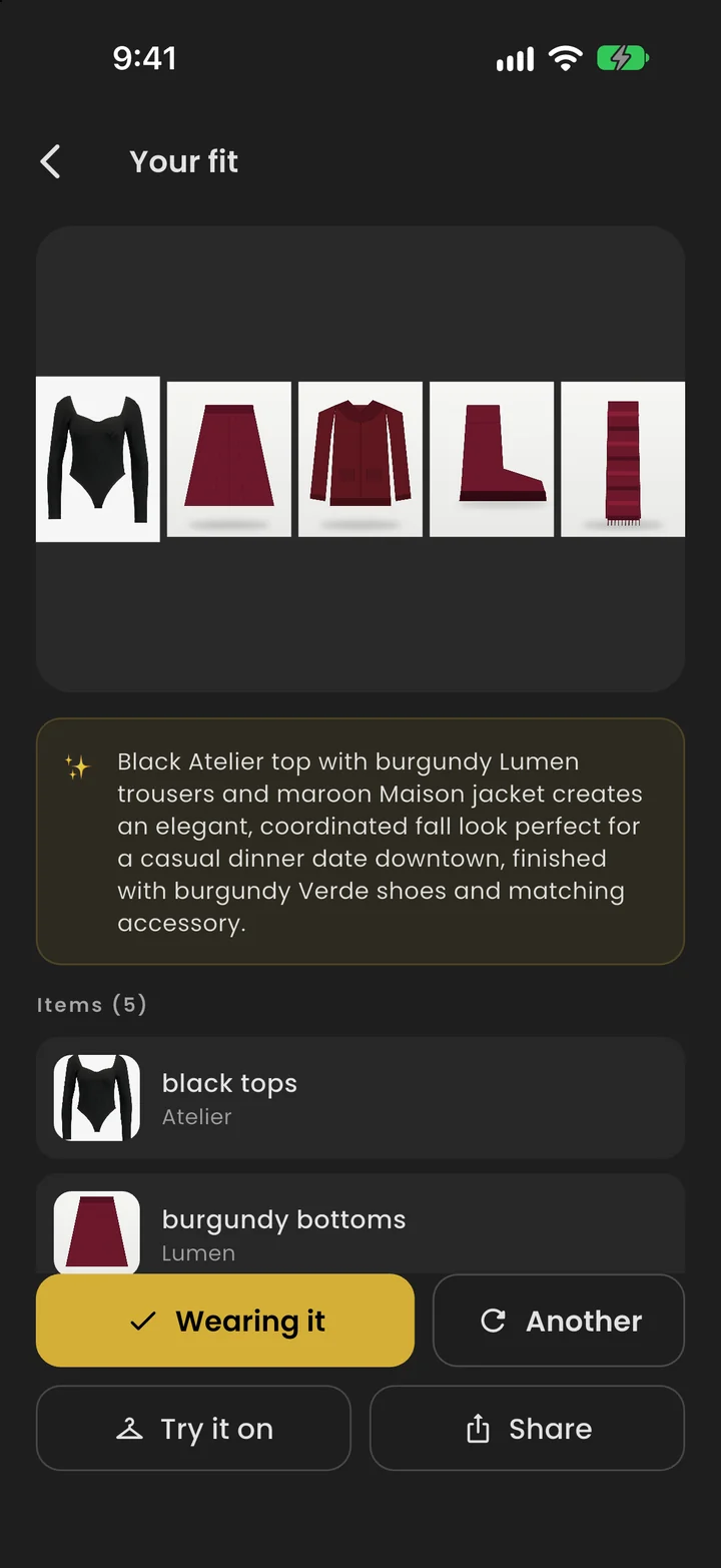 Your fit: Mira's outfit for the occasion, with a short reason