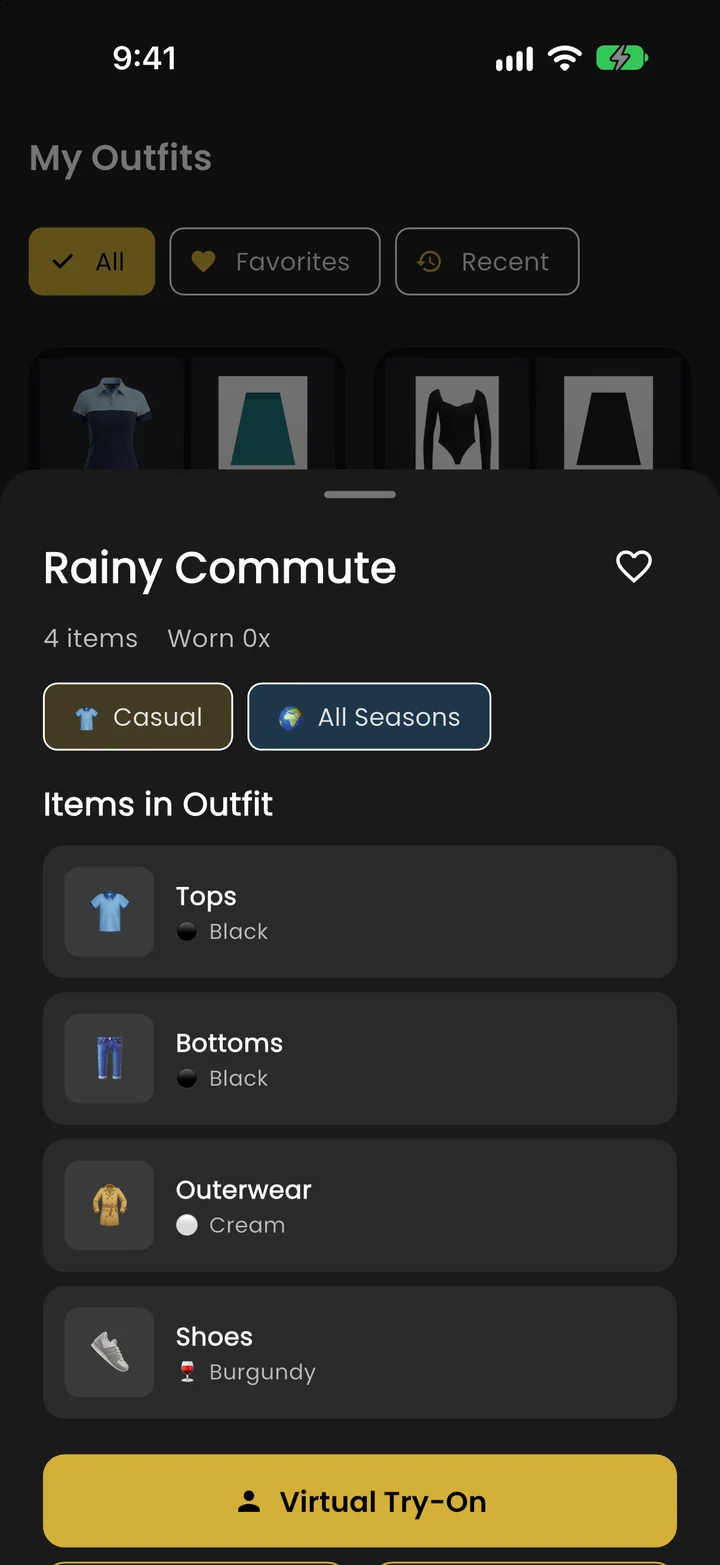 A saved outfit with its items and a Virtual Try-On button