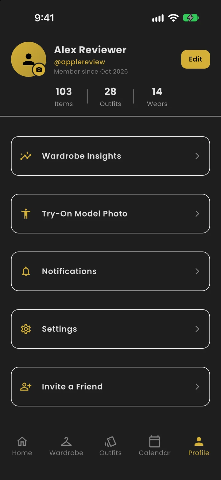 Profile hub: insights, try-on photo, notifications and settings