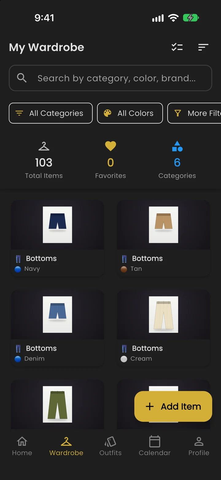 My Wardrobe: a grid of clothing photos with search and filters